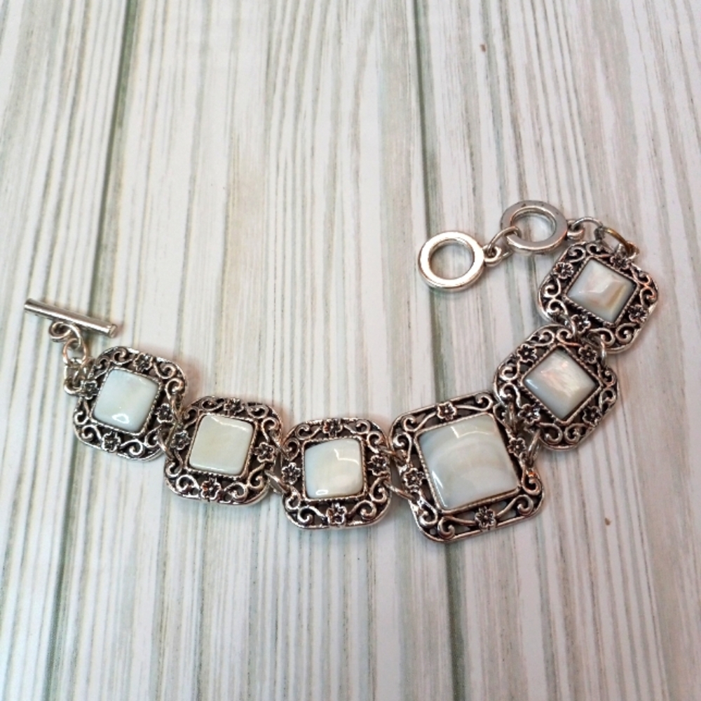 Silver Tone Costume Statement Bracelet With White Tile Stones - Picture 2 of 7